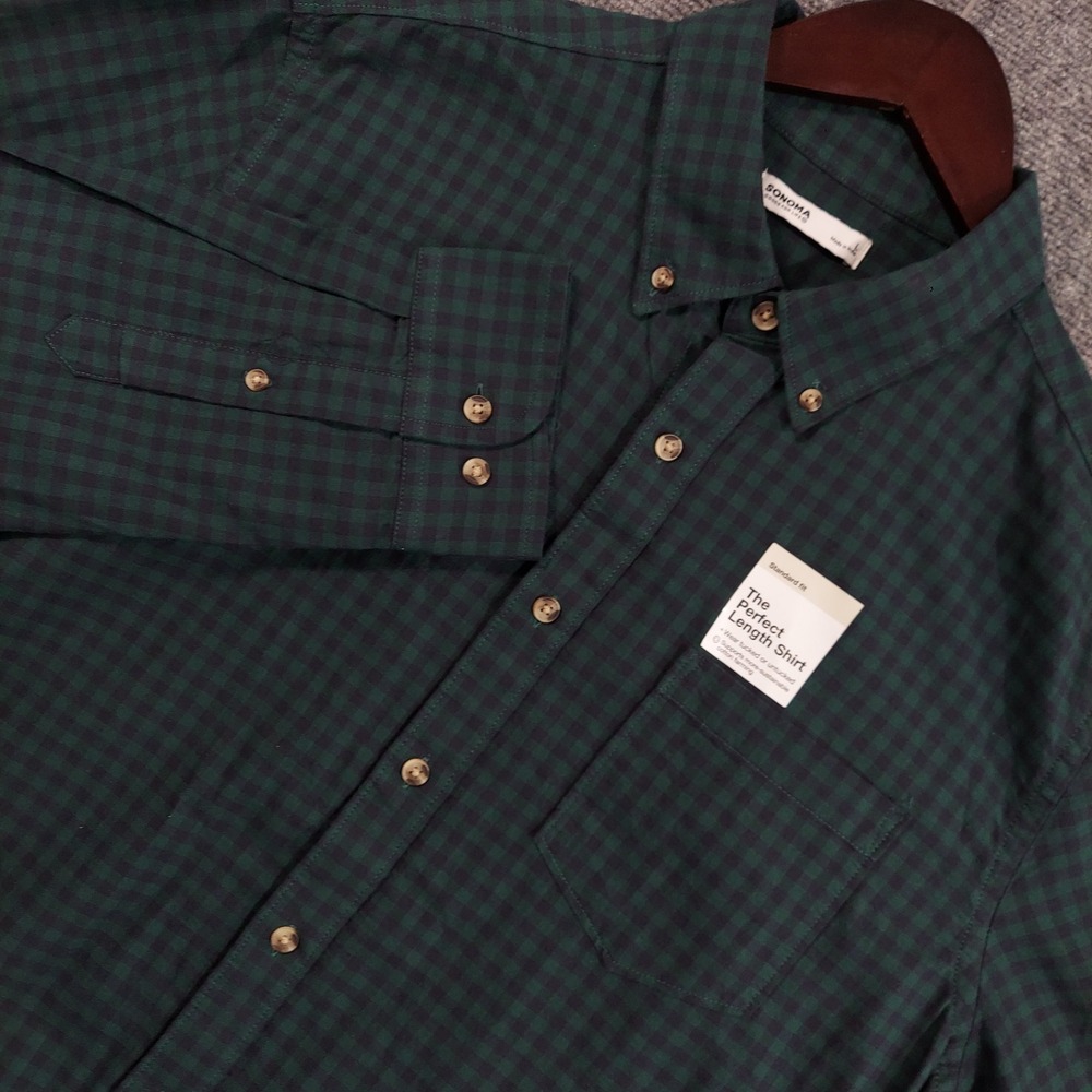 Sonoma Button Down Shirt Men Large Green Gingham Perfect Length MS33W100RR5